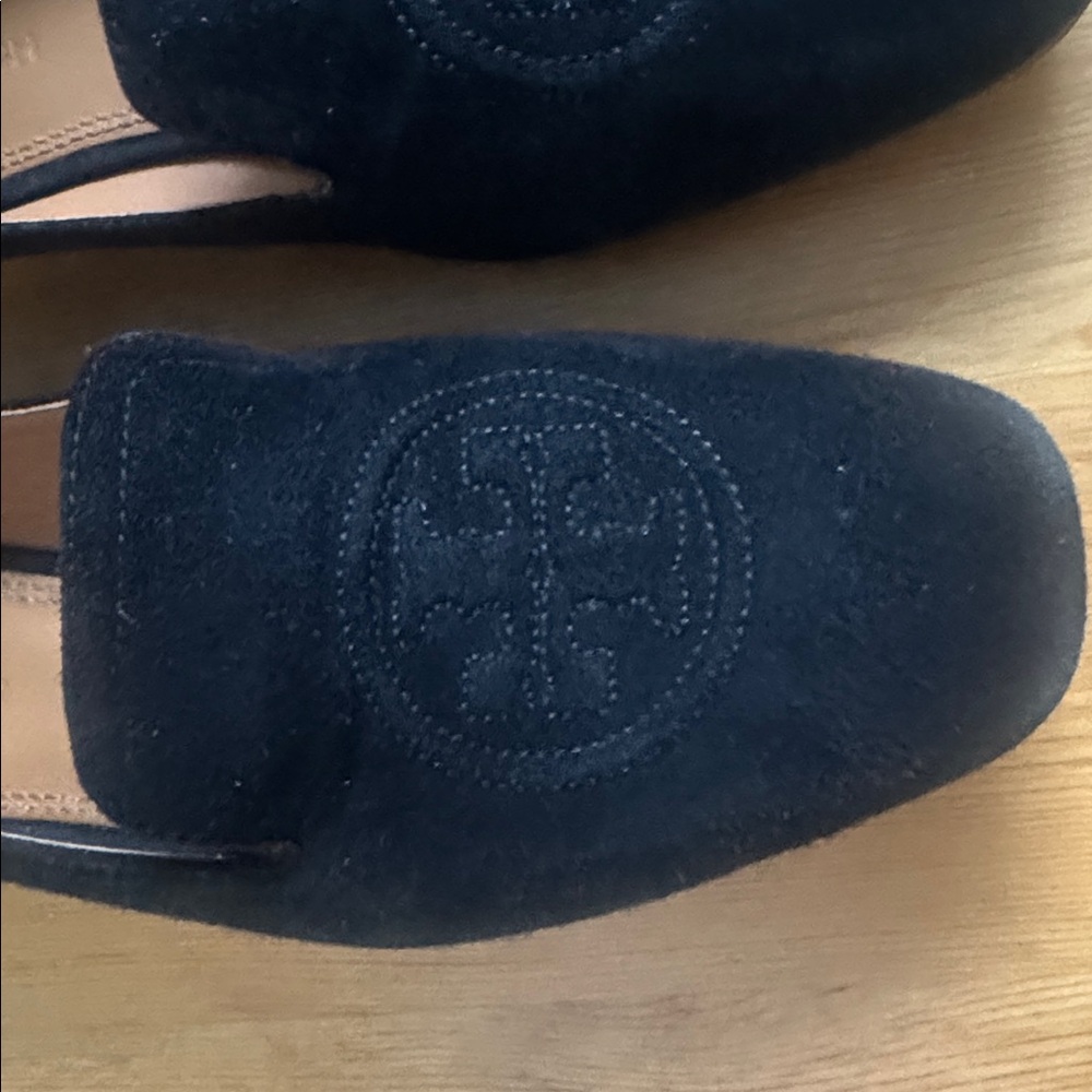 Tory Burch Black Suede Embossed Logo Loafers